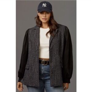 Maeve Anthropologie Tweed Mixed Media Puff Sleeve‎ Blazer Jacket Grey Black 20W